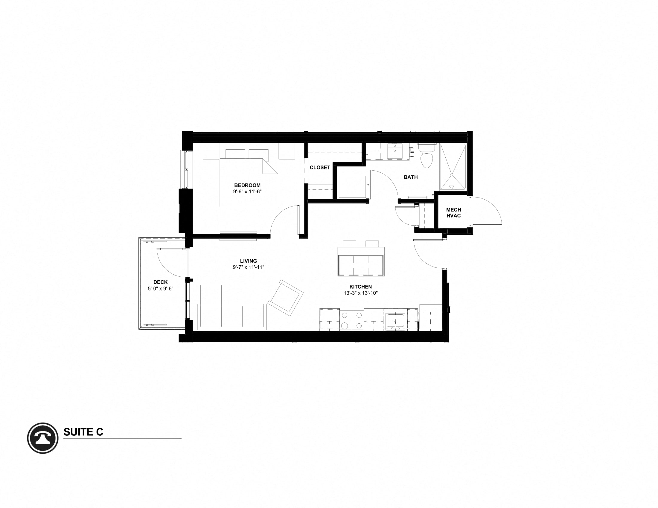 Floor plan for 1 bed, 0.8 baths, 589 sqft